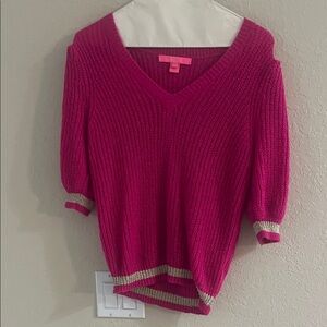 Lilly Pulitzer Fuchsia V-Neck Skylynn Sweater with Gold Accents